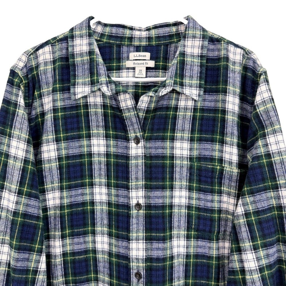 LL Bean Scotch Plaid Cotton Flannel Button Shirt Relaxed Fit 3X Green White - Picture 4 of 11
